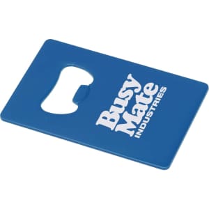 A drink bottle opener in blue featuring a logo, designed in a flat rectangular shape.