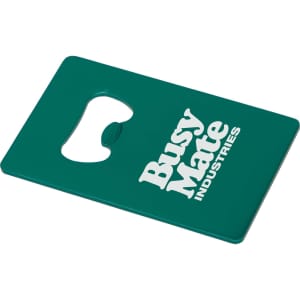 A drink bottle opener in teal, featuring a cutout and branding on one side.