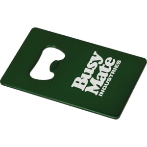 A drink bottle opener in a rectangular green design with a circular opening and a logo.