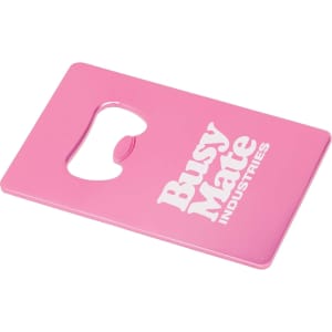 A pink drink bottle opener in a card shape featuring a circular cutout and a logo.