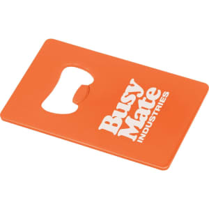 An orange bottle opener keyring with a cut-out for opening bottles and a logo.