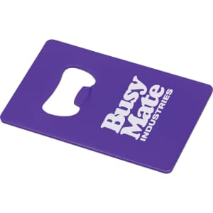A purple bottle opener in a rectangular shape with a cutout and a logo. It features a smooth surface.