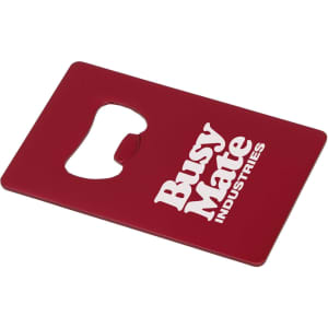 A drink bottle opener in red with a rounded cut-out and a logo. Flat design suitable for keyring attachment.
