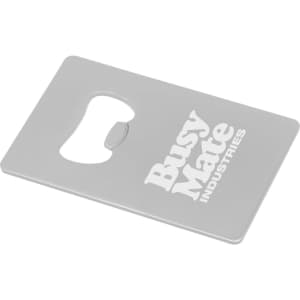 A drink bottle opener in a silver, rectangular design featuring a logo.