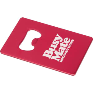 A drink bottle opener with a red metallic finish, featuring a logo in white.