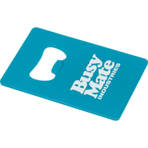 A drink bottle opener in vibrant turquoise colour with a cut-out and a branding logo.