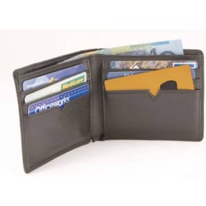 A black wallet open to display slots for cards, including a gold card and various other cards in different colours.