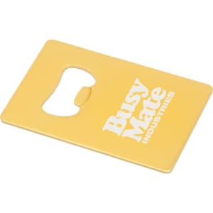 A yellow bottle opener keyring with a cut-out design and a logo.
