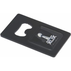 A black bottle opener in a card format with a cut-out section for opening drinks and a logo on the surface.