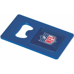 A blue bottle opener card with a logo, featuring a rounded cutout for opening bottles.
