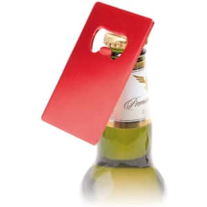 A red bottle opener in a rectangular shape is positioned on top of a drink bottle. It features a logo.