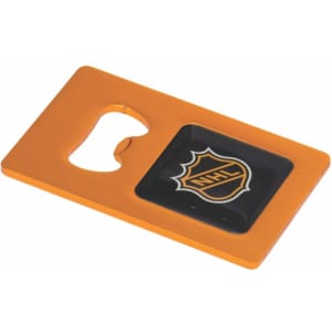 A drink bottle opener in orange with a black inset featuring a logo. It has a rectangular shape and a circular opening.