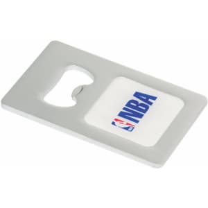 A drink bottle opener featuring a grey rectangular design, with a circular cutout and a logo on a white background.