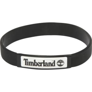 A black silicon wristband featuring a white logo and brand name in the centre.