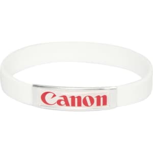 A white silicon wristband with a silver clasp and a logo.