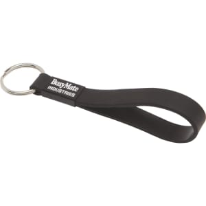 A black silicone sling keyring with a metal ring and logo detail. The design features a flexible loop for easy handling.