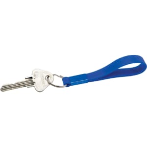 A blue silicone keyring with a loop holding a silver key, featuring a small section of solid blue.