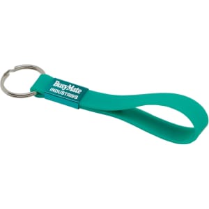 A teal silicone keyring with a metal keyring attachment and a branding logo.