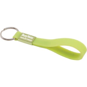 A lime-green silicone keyring with a metal keyring attachment and a logo detail.