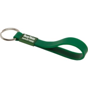 A green silicone sling keyring with a metal ring and a logo on the strap.