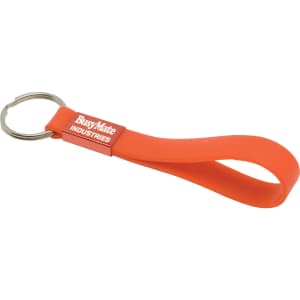 An orange silicone sling keyring with a circular metal ring and a logo.