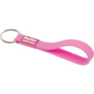 A pink silicone sling keyring with a metal ring and a branding piece.
