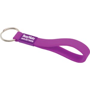 A purple silicone keyring with a looped design and a metal keyring attachment. It features a logo.