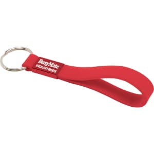 A red silicone sling keyring with a metal ring and a branding section.