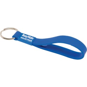 A blue silicone keyring featuring a loop design and a metal ring for attachment. It has a branding logo.