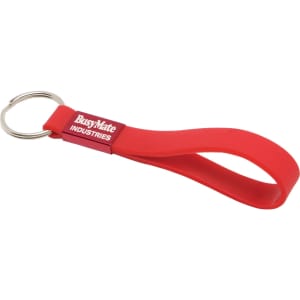 A red silicone keyring with a loop for easy attachment, featuring a branding logo.
