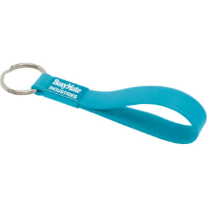 A turquoise silicone sling keyring with a metal ring and branding. Ideal for keeping keys organised.