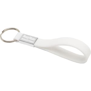 A white silicone keyring with a metal ring, featuring a logo on the metal section.