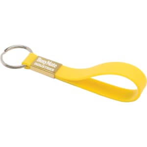 A yellow silicone keyring with a metal ring and a branded section. Designed for holding keys securely.