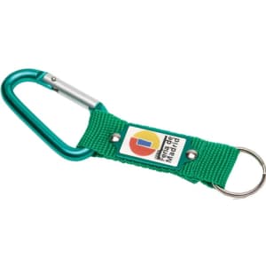 A green keyring with a carabiner and a fabric strap, featuring a logo on the strap.