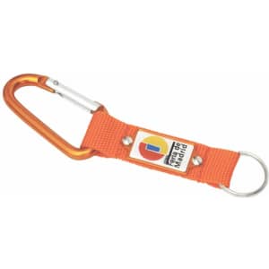 An orange keyring with a carabiner clip and a metal ring, featuring a logo on the strap.