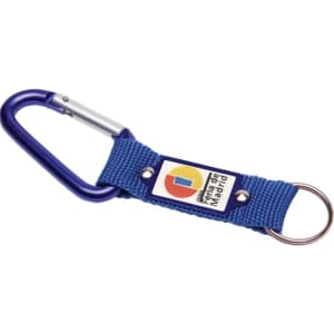 A blue keyring with a carabiner clip and a fabric strap featuring a logo.