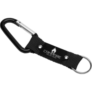 A black keyring featuring a carabiner and a durable strap with branding. Ideal for outdoor use and accessories.