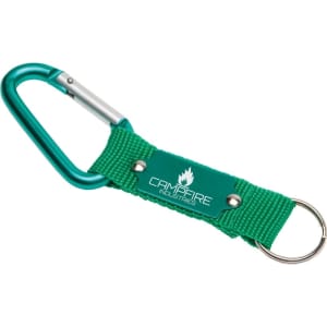 A teal keyring with a carabiner and a green woven strap, featuring a branding logo.