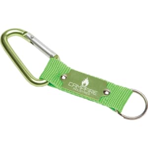 A green keyring with a silver carabiner and a branded metal plate.