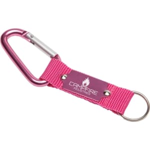 A pink keyring with a carabiner clip and a branded fabric strap.