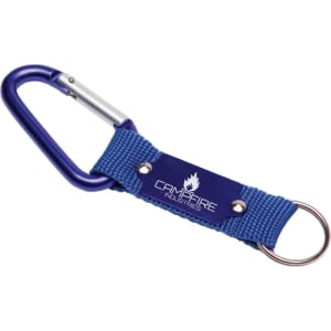 A blue keyring with a carabiner clip and a fabric strap, featuring a branding logo.
