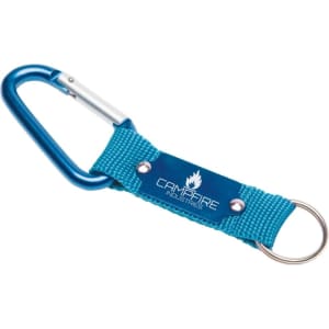 A blue carabiner keyring with a woven turquoise strap and a logo plate attached.