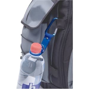 A blue carabiner keyring attached to a backpack, holding a drink bottle securely.