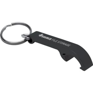 A drink bottle opener keyring in black with a keychain attachment and a logo.