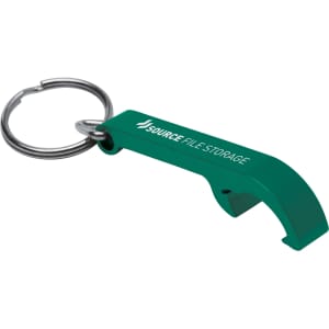 A green bottle opener keyring with a silver keyring attachment. It features a logo on one side.