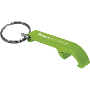 A green bottle opener keyring with a metallic finish, featuring a logo.