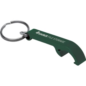 A drink bottle opener keyring in green, featuring a keyring attachment and a logo.