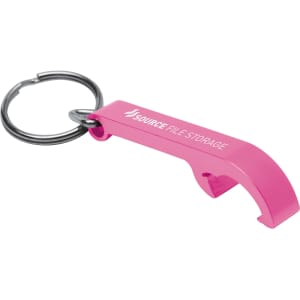 A drink bottle opener keyring in vibrant pink, featuring a keyring attachment and a logo.