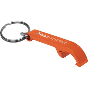 A drink bottle opener keyring in orange metal, featuring a round keyring attachment and a logo.