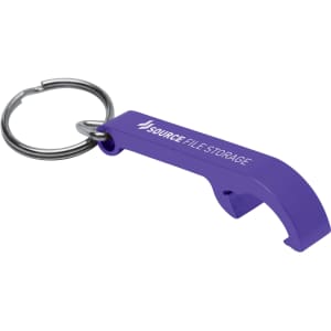 A drink bottle opener keyring in purple metal, featuring a keyring attachment and a logo.